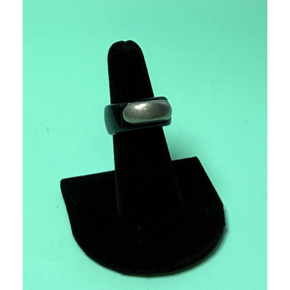 1990s Designer Signed Pitaniello Boston Black Lucite Pewter Ring Sz 8 Modernist